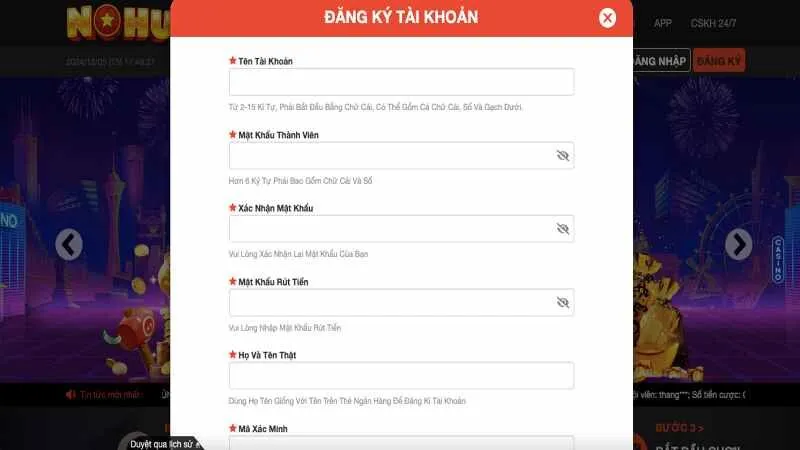 NOHU Nhập cẩn thận từng ô yêu cầu trong biểu mẫu đăng ký